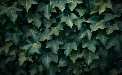 Wall Mural - Close-up view of lush green ivy leaves forming a dense, natural wall.