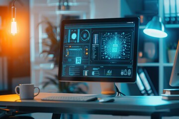 Futuristic computer interface with graphics at modern workplace