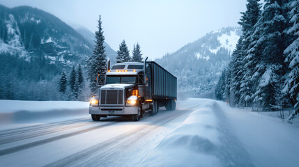 Canvas Print - A large truck drives along a snow-covered road through a mountainous forest area during winter, with headlights illuminating the way.