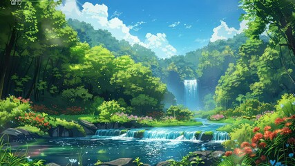 Wall Mural - animation tranquil forest with waterfall and vibrant flowers landscape generated with ai
