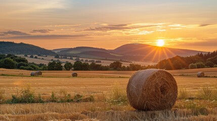 Poster - Summer sunrise view on harvested field with straw bales