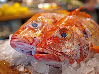 Closeup of two red snapper heads on ice, displayed at fish market.