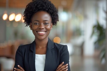 Poster - Happy black woman in office leadership role for successful startup.