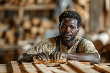 Poster - African American carpenter in wood workshop  timber industry focus.