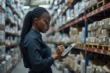 Poster - Black woman manager checking inventory in warehouse storeroom.