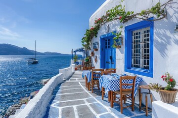 Typical blue and white Greek restaurant, taverna by the sea