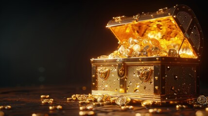 A treasure chest filled with gold coins and jewels, glowing in the dim light, symbolizing wealth and adventure.