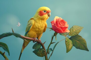 A yellow parakeet perched on a rose stem with a rose and a butterfly in the background