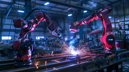 Poster - Engineers oversee and operate advanced welding robots in a factory setting using monitoring software. This digital manufacturing process is part of 