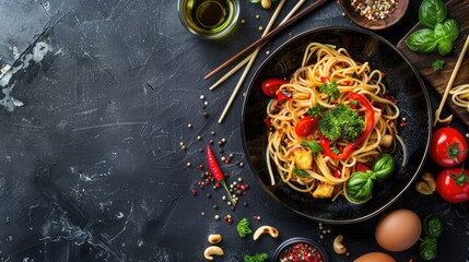 Poster - Asian noodles with soy sauce veggies spices and egg Top view with space for text