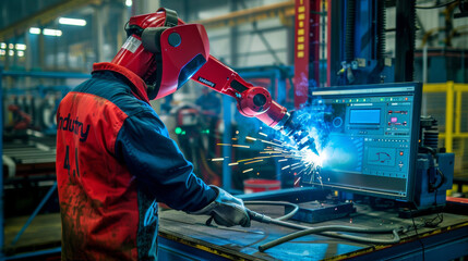 Poster - Engineers oversee and operate advanced welding robots in a factory setting using monitoring software. This digital manufacturing process is part of 