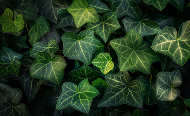 Wall Mural - Close-up of lush green ivy leaves with intricate vein patterns.