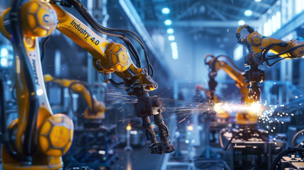 Poster - Engineers oversee and operate advanced welding robots in a factory setting using monitoring software. This digital manufacturing process is part of 