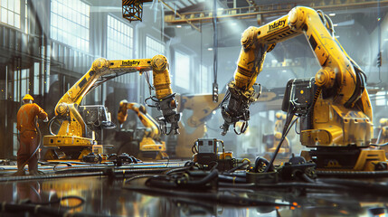 Poster - Engineers oversee and operate advanced welding robots in a factory setting using monitoring software. This digital manufacturing process is part of 
