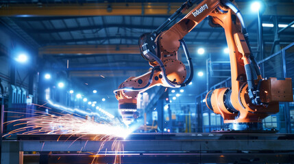 Poster - Engineers oversee and operate advanced welding robots in a factory setting using monitoring software. This digital manufacturing process is part of 