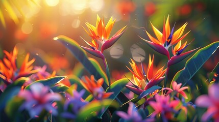 Wall Mural - Exquisite Bird of Paradise Flowers in Full Bloom - Realistic Colors, Shapes, and Details with Depth of Field on Natural Background