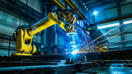 Poster - Engineers oversee and operate advanced welding robots in a factory setting using monitoring software. This digital manufacturing process is part of 