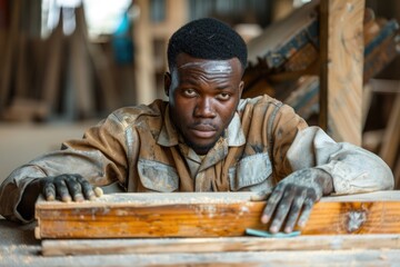 Poster - Young African American carpenter selecting and sanding wood plank.