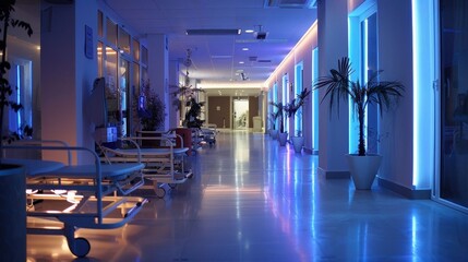 A hospital hallway with blue lights and white beds