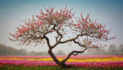 Poster - Blooming Tree in a Field of Tulips.