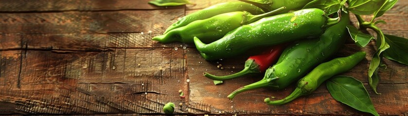 Fresh green chili peppers on a rustic wooden table, showcasing natural, organic produce. Perfect for food and culinary themes.