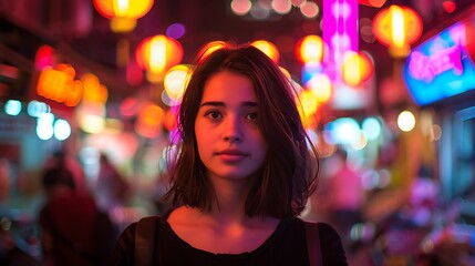 Young Woman in Vibrant Urban Night Scene with Neon Lights