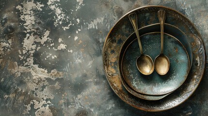 Wall Mural - Vintage plate with old bronze spoons on concrete background for food photography