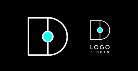 Aufkleber - Abstract D letter logo with blue dots. Minimalist linear design, bold and clean letter monogram for corporate branding, tech startups, innovative businesses, and game apps. Vector illustration.