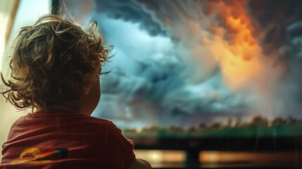 Canvas Print - A young child in Tornado Alley watches a weather report on television, the colorful radar images showing a severe storm approaching.