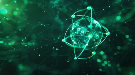 Poster - glowing green atomic molecules surrounded by meshes on dark background - illustration of atomic scie