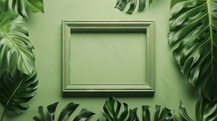 Wall Mural - Picture frame with monstera leaves on green background. Tropical flat lay trend.