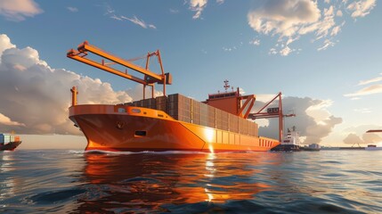 Poster - Highlight a cargo ship of the future equipped with autonomous cranes and container stacking systems, streamlining logistics in global trade routes
