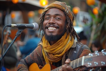 hippie african man singing and playing guitar for peace bokeh style background