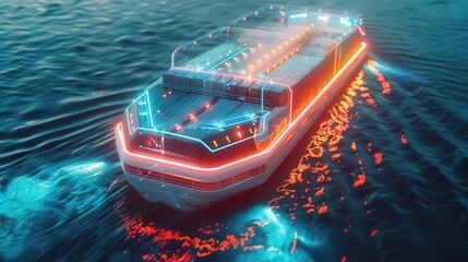 Poster - Highlight a futuristic container ship with autonomous navigation and collision avoidance systems, ensuring safe and efficient maritime logistics.
