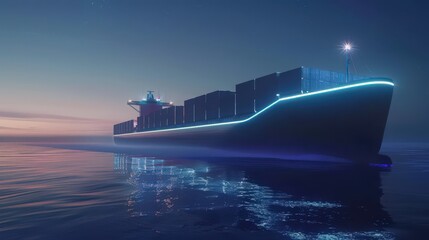 Poster - Highlight a futuristic container ship with autonomous navigation and collision avoidance systems, ensuring safe and efficient maritime logistics.