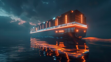 Poster - Highlight a futuristic container ship with autonomous navigation and collision avoidance systems, ensuring safe and efficient maritime logistics.