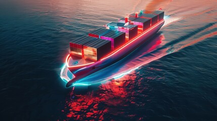 Poster - Highlight a futuristic container ship with autonomous navigation and collision avoidance systems, ensuring safe and efficient maritime logistics.
