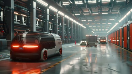 Poster - Highlight a futuristic logistics hub where autonomous vehicles and robotic sorters streamline the delivery and distribution process