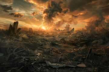 an image showcasing a dramatic apocalyptic landscape, emphasizing the aftermath of a catastrophic ev