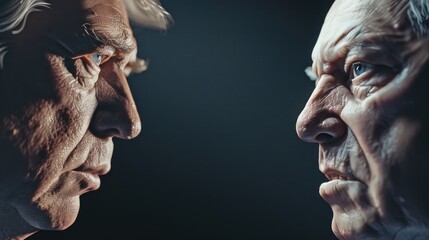 Wall Mural - Close-up of two political candidates engaging in a heated debate, intense expressions and body language, moderator observing, Portrait close-up, hyper-realistic, high detail, photorealistic, studio