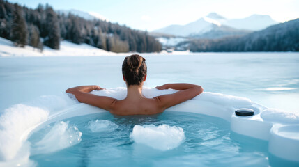 Poster - Person relaxing in an outdoor hot tub in a snowy landscape with mountains in the background.