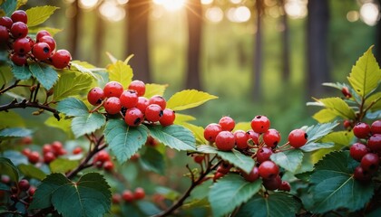 Poster - Red Berries on Green Bush in Sunlight.