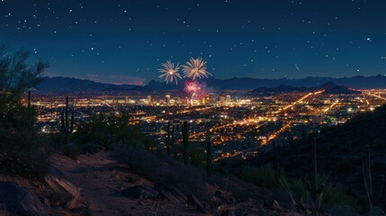 Poster - A panoramic view of a cityscape at night with fireworks bursting in the sky