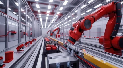 Poster - production line where robots are involved in the assembly and testing of electric vehicle batteries,