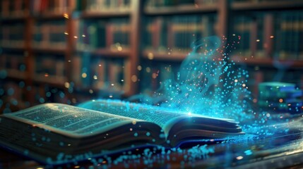Poster - An open book with magical blue light and sparks emanating from its pages