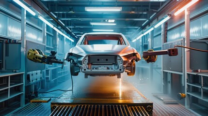Poster - robot applying a perfect coat of paint to automotive parts, showcasing the precision and consistency of robotic painters.