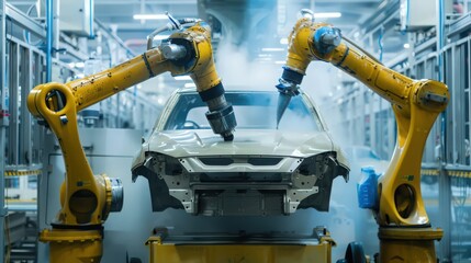 Poster - robot applying a perfect coat of paint to automotive parts, showcasing the precision and consistency of robotic painters.