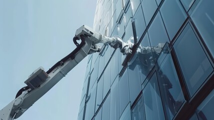 Poster - robot applying a sleek, reflective coating to the exterior of a skyscraper, demonstrating the quality