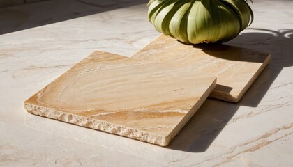 Poster - Beige Marble Tiles with Green Plant.