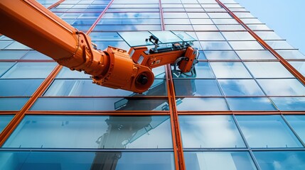 Poster - Highlight a robot installing glass panels on a high-rise building.